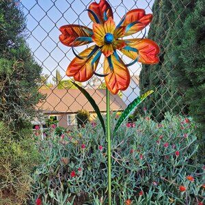 36" H, Orange/Turquoise Iridescent Flower Spinner Stake, Garden Decoration